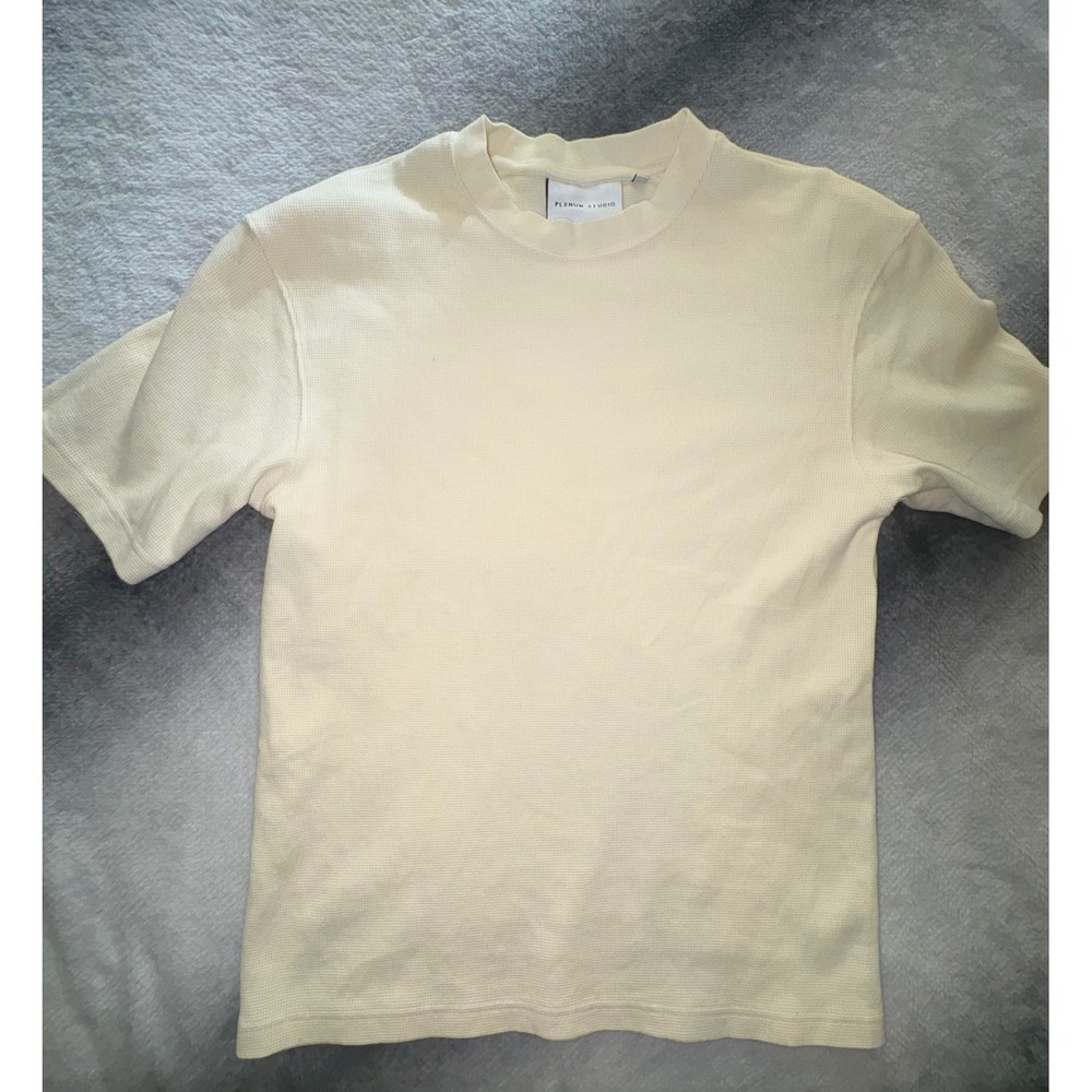 (CL) Plenum Studio Mens Waffle Knit Short Sleeve T-Shirt Cream S Cotton Thermal